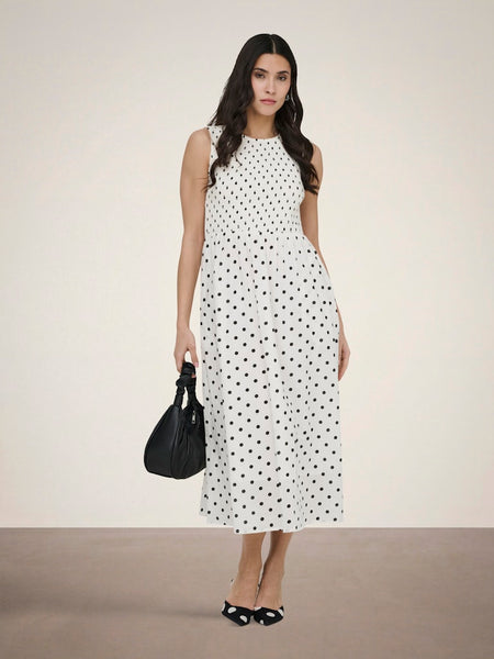 JDY Sleeveless Polka-Dot Smock Dress in Cream
