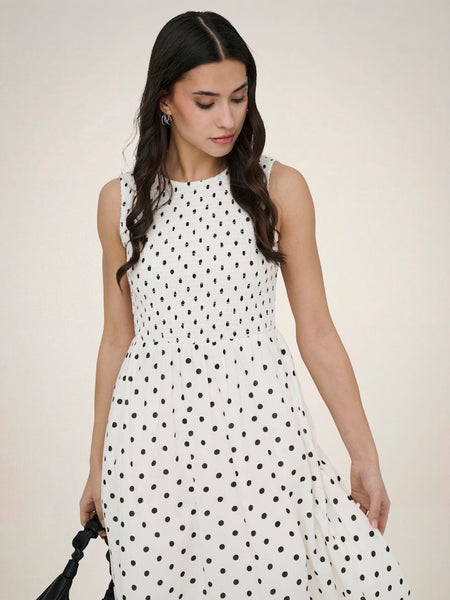 JDY Sleeveless Polka-Dot Smock Dress in Cream