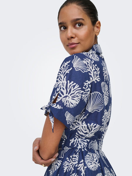 JDY Short Sleeve Shell Print Shirt Dress in Dark Blue