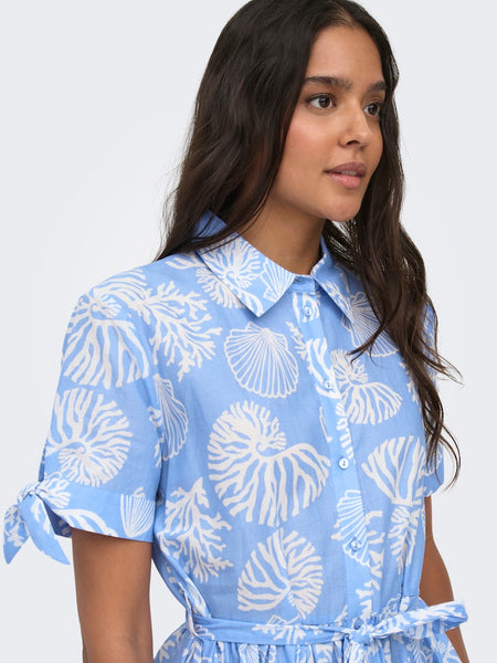 JDY Short Sleeve Shell Print Shirt Dress in Light Blue
