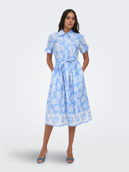 JDY Short Sleeve Shell Print Shirt Dress in Light Blue