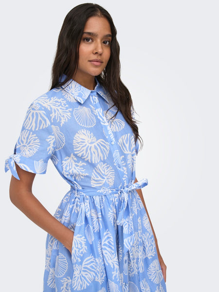 JDY Short Sleeve Shell Print Shirt Dress in Light Blue