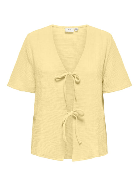 JDY Cotton Short Sleeve Tie Front Top in Yellow