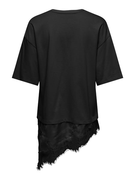 JDY Lace Trim T-Shirt in Black