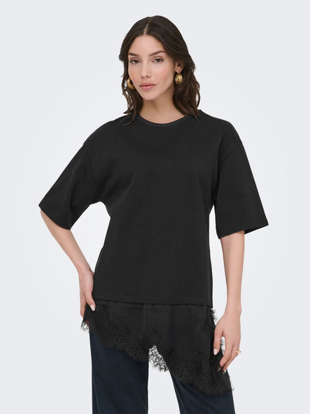 JDY Lace Trim T-Shirt in Black