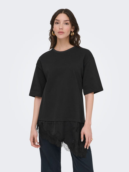JDY Lace Trim T-Shirt in Black