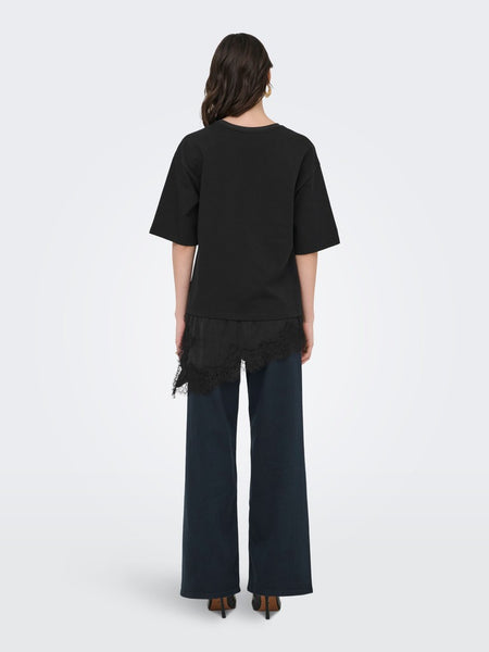 JDY Lace Trim T-Shirt in Black