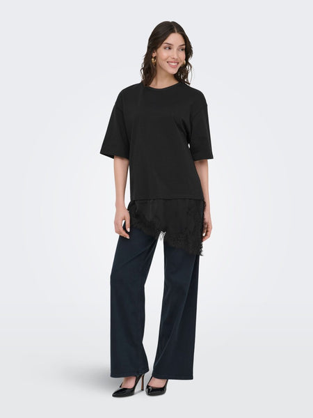 JDY Lace Trim T-Shirt in Black