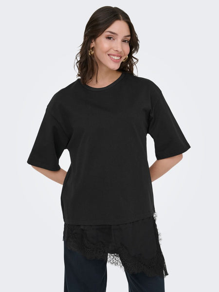 JDY Lace Trim T-Shirt in Black