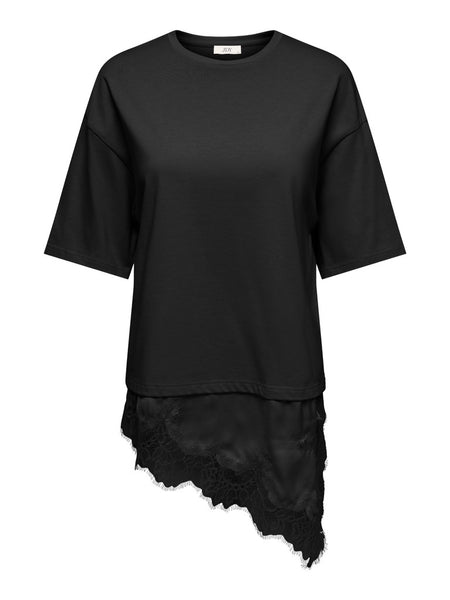 JDY Lace Trim T-Shirt in Black