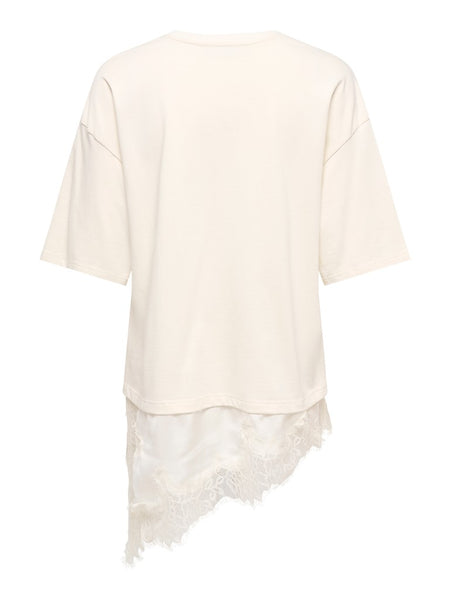 JDY Lace Trim T-Shirt in Cream
