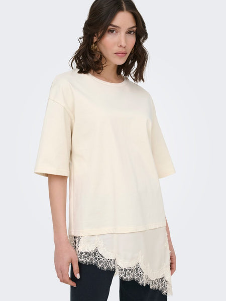JDY Lace Trim T-Shirt in Cream