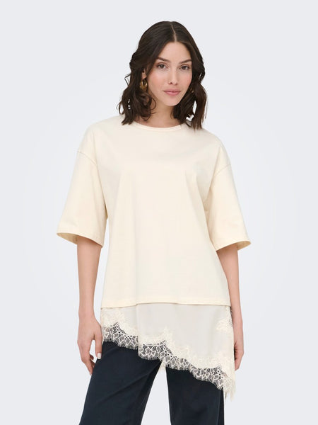 JDY Lace Trim T-Shirt in Cream