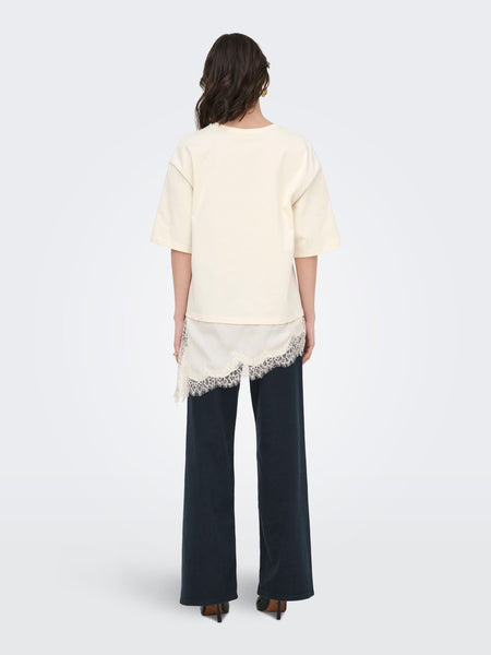 JDY Lace Trim T-Shirt in Cream