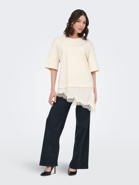 JDY Lace Trim T-Shirt in Cream