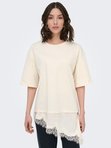 JDY Lace Trim T-Shirt in Cream