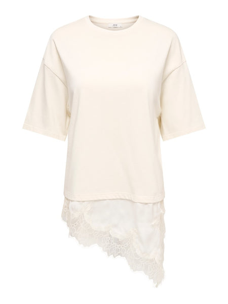 JDY Lace Trim T-Shirt in Cream