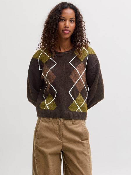 JJXX Argyle Print Knit Jumper in Brown