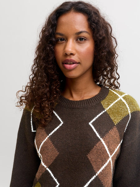 JJXX Argyle Print Knit Jumper in Brown