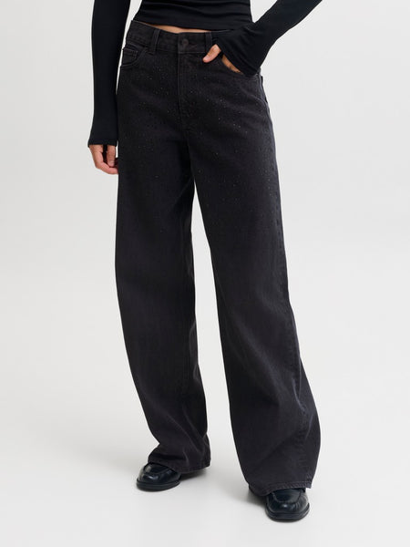JJXX Wide Leg Rhinestone Jeans in Black