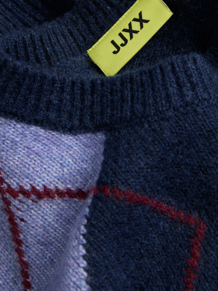 JJXX Knitted Crew Neck Argyle Jumper in Navy