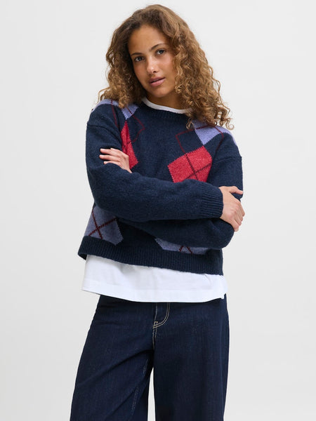 JJXX Knitted Crew Neck Argyle Jumper in Navy