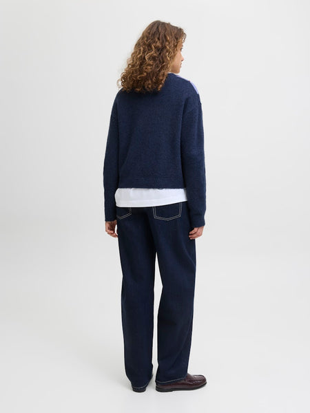 JJXX Knitted Crew Neck Argyle Jumper in Navy