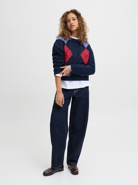 JJXX Knitted Crew Neck Argyle Jumper in Navy