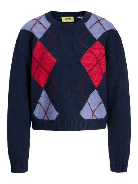 JJXX Knitted Crew Neck Argyle Jumper in Navy