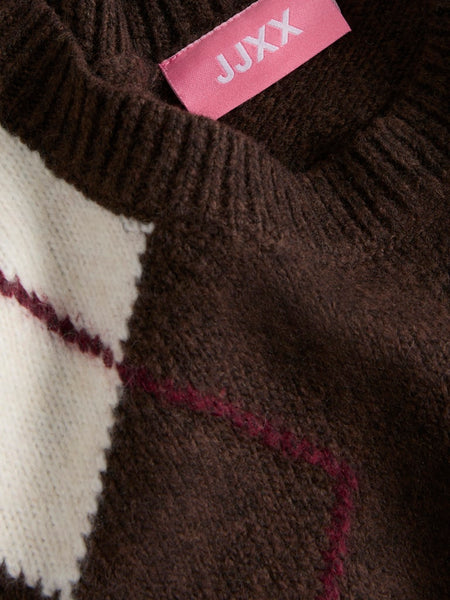 JJXX Knitted Crew Neck Argyle Jumper in Brown