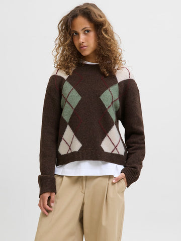 JJXX Knitted Crew Neck Argyle Jumper in Brown