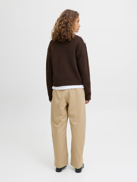 JJXX Knitted Crew Neck Argyle Jumper in Brown