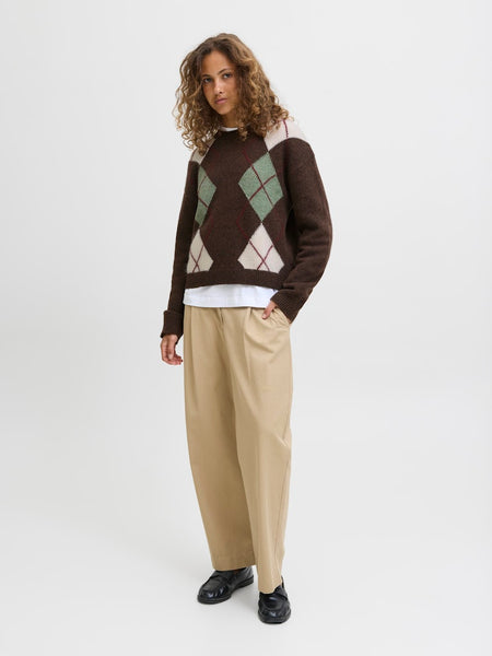 JJXX Knitted Crew Neck Argyle Jumper in Brown
