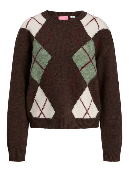 JJXX Knitted Crew Neck Argyle Jumper in Brown