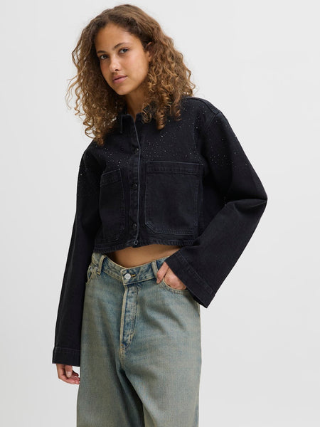 JJXX Cropped Rhinestone Detail Denim Shirt in Black