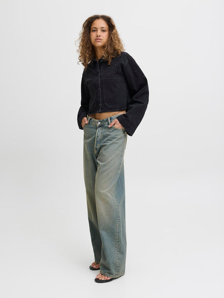 JJXX Cropped Rhinestone Detail Denim Shirt in Black