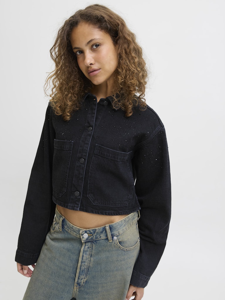 JJXX Cropped Rhinestone Detail Denim Shirt in Black