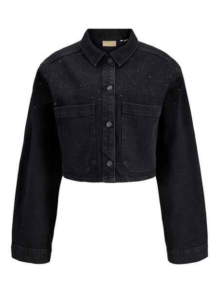 JJXX Cropped Rhinestone Detail Denim Shirt in Black