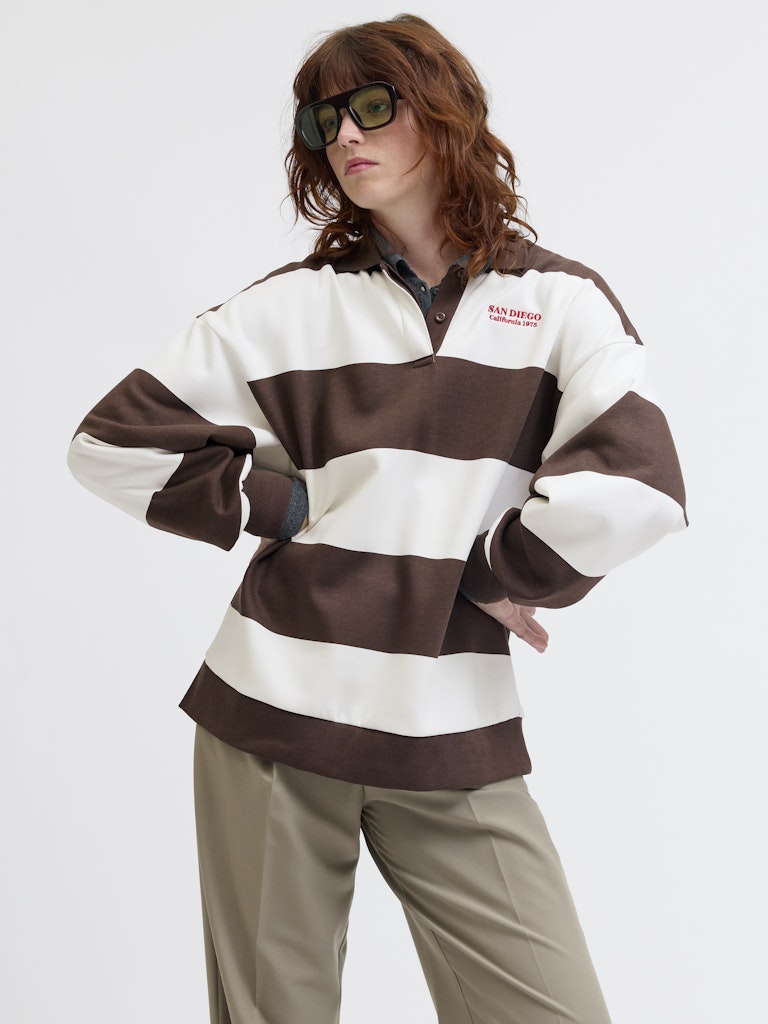 JJXX Striped Polo Neck Sweatshirt in Brown