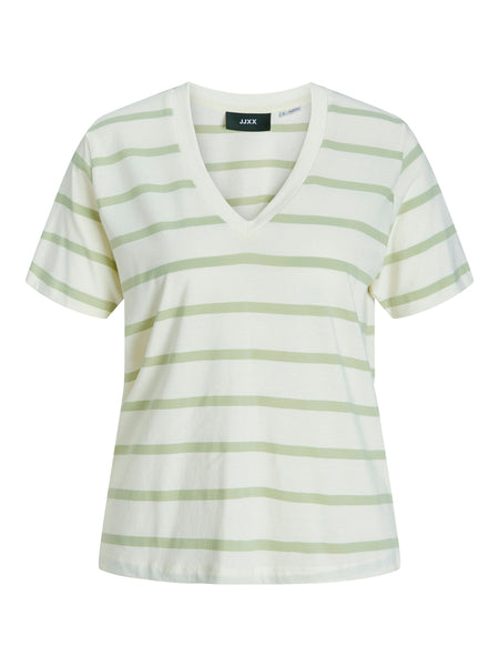 JJXX Striped V-Neck T-Shirt in Green