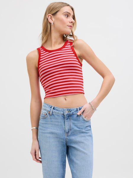 JJXX Striped Crop Rib Tank Top in Red