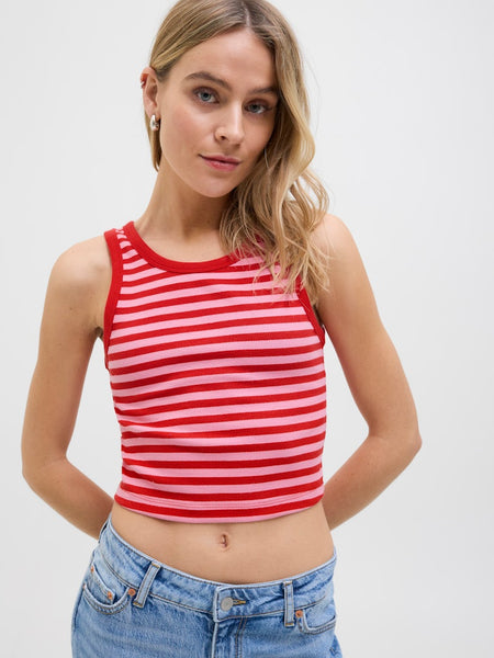 JJXX Striped Crop Rib Tank Top in Red