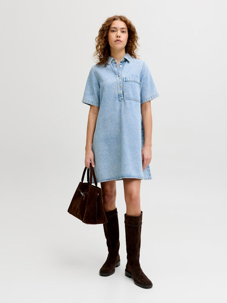 JJXX Short Sleeve Short Denim Dress in Light Blue