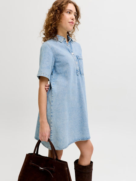 JJXX Short Sleeve Short Denim Dress in Light Blue