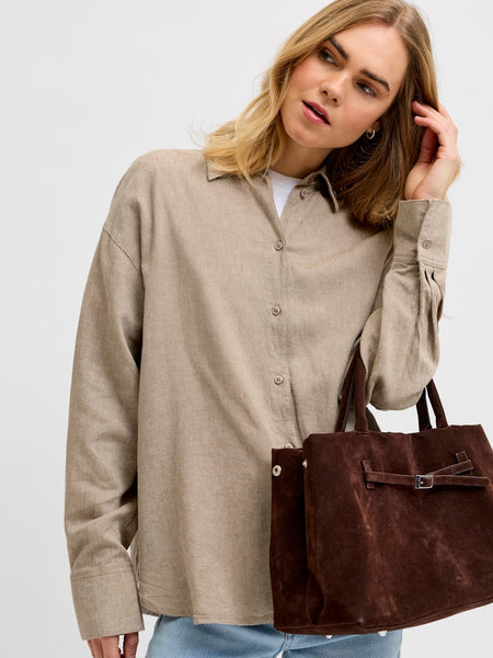 JJXX Oversized Linen Blend Shirt in Mink