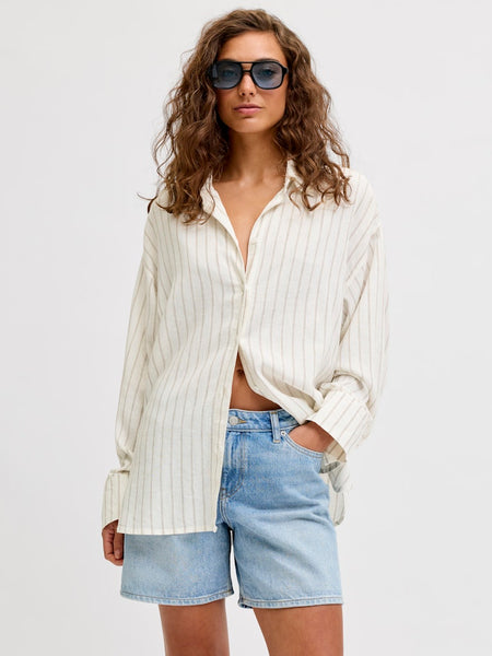 JJXX Oversized Striped Linen Blend Shirt in Cream