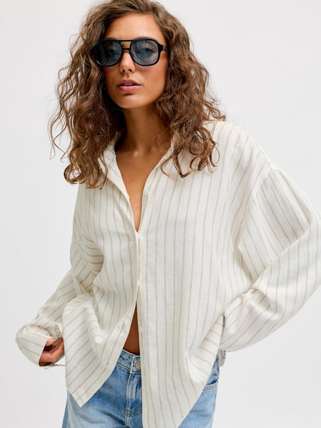 JJXX Oversized Striped Linen Blend Shirt in Cream