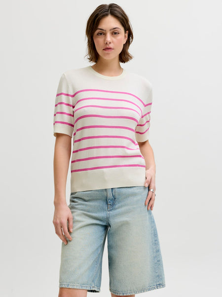 JJXX Striped Short Sleeve Knit Top in Pink