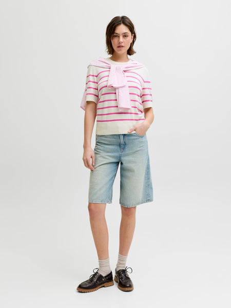 JJXX Striped Short Sleeve Knit Top in Pink