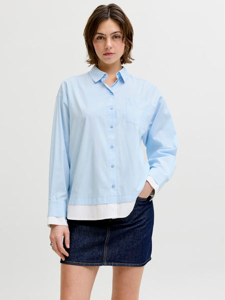 JJXX Striped Double Hem Poplin Shirt in Blue